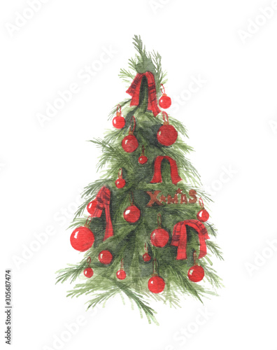 Christmas tree with christmas balls and red ribbon bow. Watercolor hand draw illustration isolated on white background. Merry Christmas and Happy New Year.