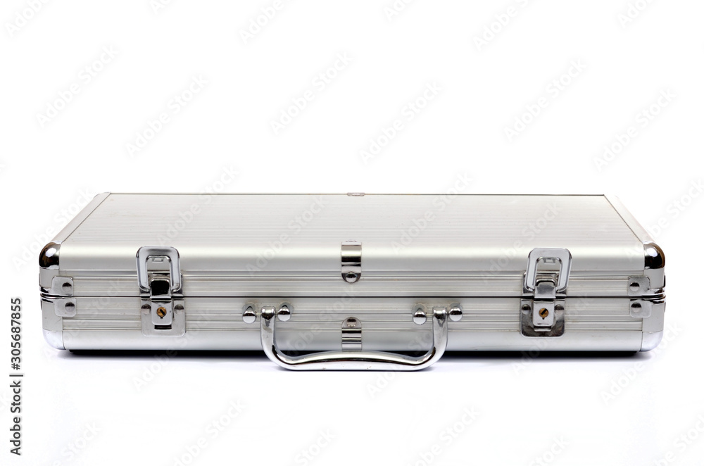 Metallic suitcase on white background, metalic briefcase Metallic suitcase on white background, metalic briefcase