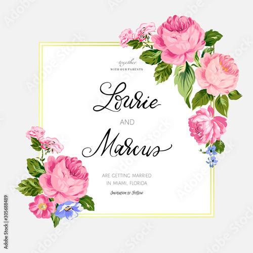 Floral wedding card. Romantic invitation. Vector illustration