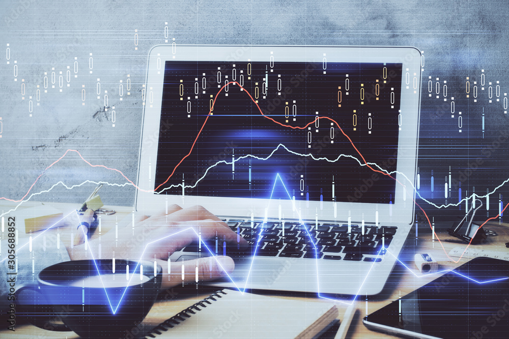 Forex graph with businessman working on computer in office on background. Concept of hardworking. Double exposure. Forex graph with businessman working on computer in office on background. Concept of hardworking. Double exposure.