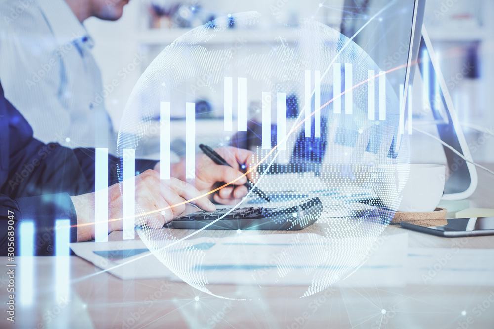 Forex graph with businessman working on computer in office on background. Concept of hardworking. Closeup. Multi exposure. Forex graph with businessman working on computer in office on background. Concept of hardworking. Closeup. Multi exposure.