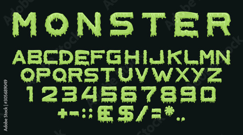 Monster type. Vector spooky alphabet with drops of flowing slime. Scary letters and numbers isolated on black background for halloween, theme party posters, flyers and decoration