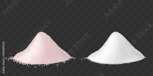 Pink and white sea salt for bath, spa treatments and healthy food. Vector mockup of realistic two heaps of loose organic seasoning isolated on transparent background