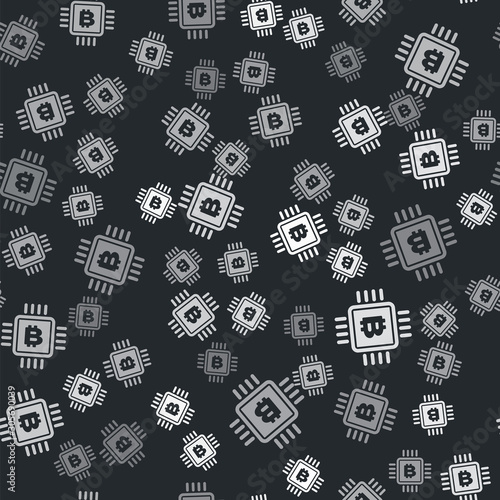 Grey CPU mining farm icon isolated seamless pattern on black background. Bitcoin sign inside microchip. Cryptocurrency mining community. Digital money. Vector Illustration