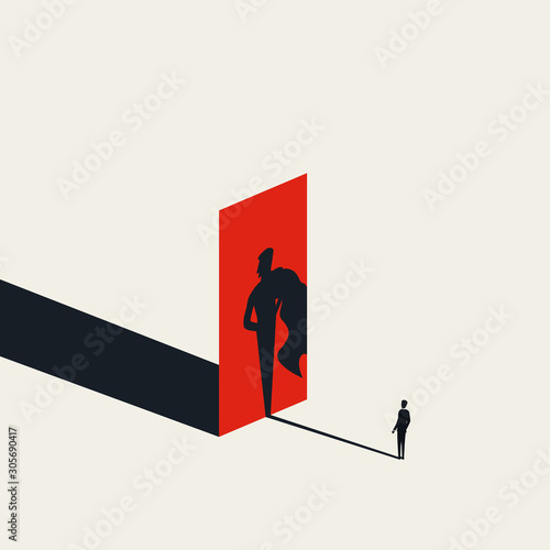 Businessman looking at his superhero shadow vector concept. Symbol of ambition, career progress, motivation.