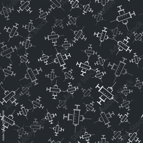 Grey Crossed syringe icon isolated seamless pattern on black background. Syringe for vaccine, vaccination, injection, flu shot. Medical equipment. Vector Illustration
