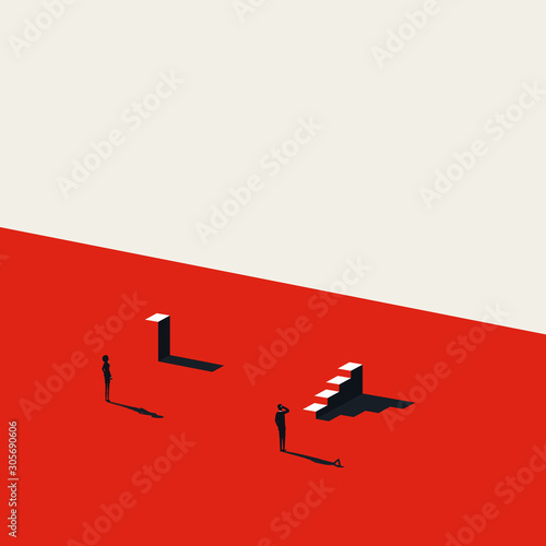 Inequality in business vector concept. Businessman and woman in different positions for career promotion.