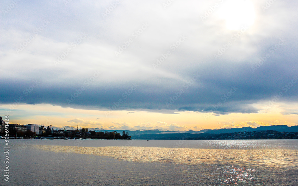 Lake Zurich extending southeast of the city, Switzerland.