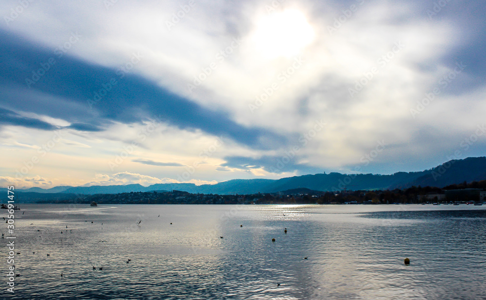 Lake Zurich extending southeast of the city, Switzerland.