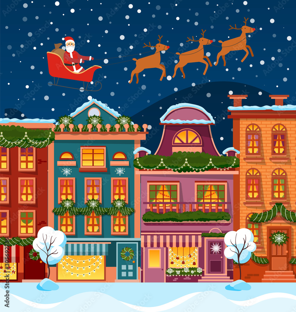 Winter cityscape with houses and streets decorated for christmas. Santa Claus on carriage with reindeers at sky. Snowing weather in village. Xmas celebration in urban areas, seasonal holidays vector
