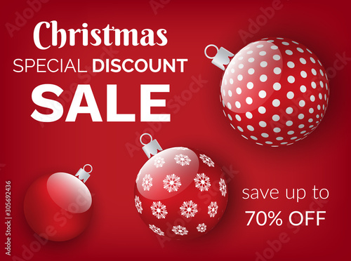 Christmas sale and clearance, save up to 70 percent off on gifts. Special Xmas offers and discounts in stores at December. Vector festive balls, decoration on red background. Promotion caption