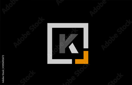 black white orange square letter K alphabet logo design icon for company