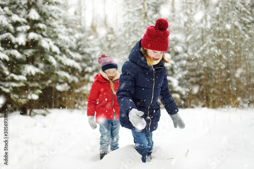 Two adorable young girls having fun together in beautiful winter park. Cute sisters playing in a snow.