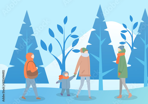 People walking in winter park vector. Woman hurrying home, lady strolling alone. Mother and kid wearing scarf passing trees covered with snow. Frozen ground of forest and clear sky flat style