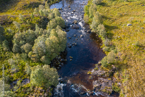 Aerial Top Down View over Moriston River at Early Autumn in the Higlands of Scotland