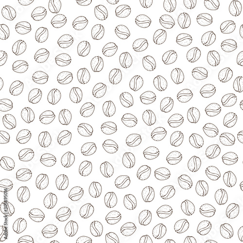 Vector hand drawn pattern of coffee seeds. Coffee beans seamless pattern on white background. Seamless coffe background with bean and seed of cafe. Simple coffee pattern with light texture