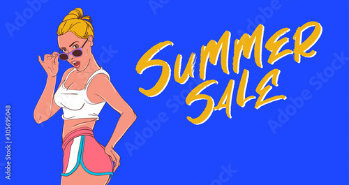 Summer poster design. Cartoon style girl.
