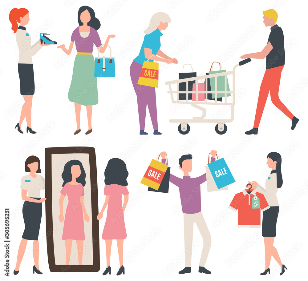 Man showing bags with purchases vector, fashionable store with consultant,. Granny shopping. Lady looking in mirror, consultation in shop flat style Man showing bags with purchases vector, fashionable store with consultant,. Granny shopping. Lady looking in mirror, consultation in shop flat style