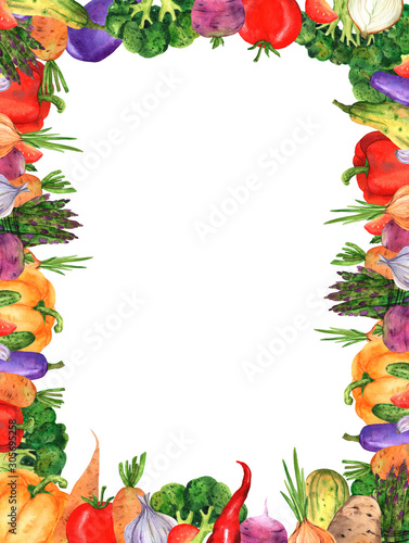 Rectangular frame of bright watercolor hand-drawn vegetables for decoration of cards, textiles, shop windows, packaging, menus and any design