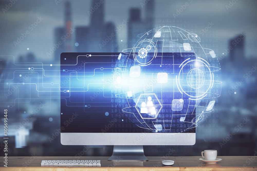 Computer on desktop with social network theme icon. Multi exposure. Concept of international connections. Computer on desktop with social network theme icon. Multi exposure. Concept of international connections.