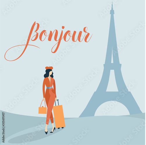 Young fashion woman with travel bags arriving in France Paris flat vector illustration