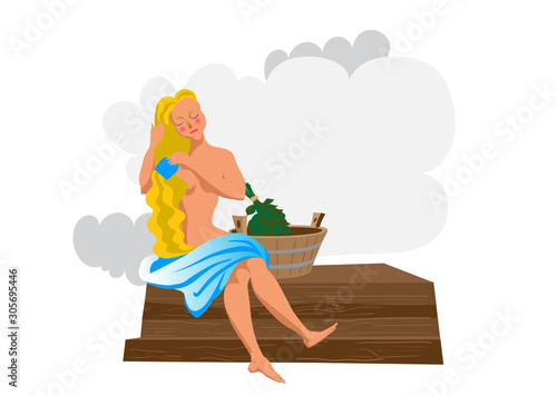 Blonde girl character in Russian bath. Cartoon style poster with steam clouds. Vector illustration.