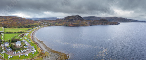 Aerial Panoramic View Over Coastal Campsite in North West Scotland