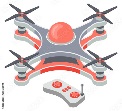 Drone with remote controller, wireless device with propellers, quadcopter symbol, aircraft with remotely controlled flying robots, discovery element, air robot for video and photo, multicopter vector