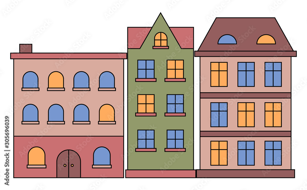 Houses in row vector, isolated buildings with windows and light in them. Suburban homes of citizens, residence with entry and roof with chimney. Constructions of brick and wood in flat style