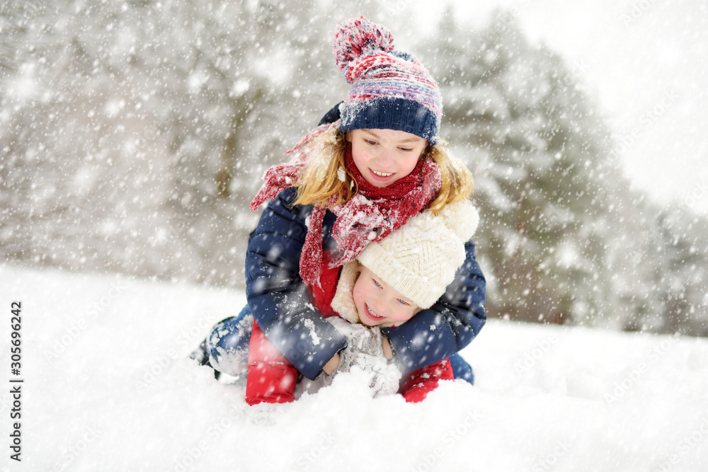 Two adorable young girls having fun together in beautiful winter park. Cute sisters playing in a snow.