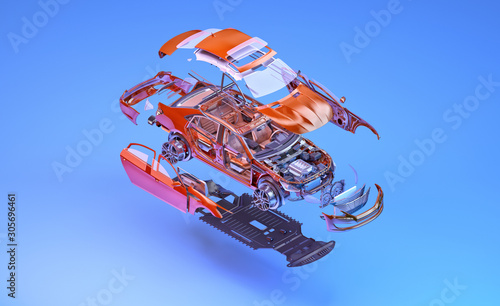 Obraz na płótnie Car sedan mechanical parts isometric exploded view