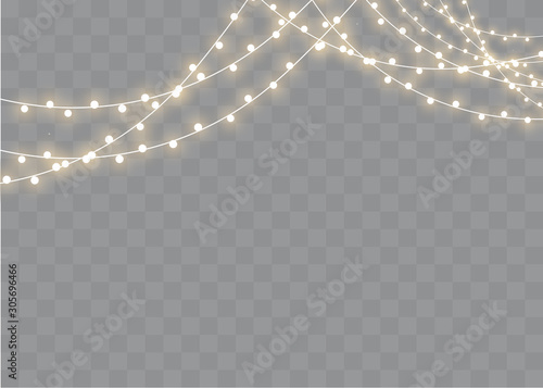 Christmas lights isolated realistic design elements. Glowing lights for Xmas Holiday cards, banners, posters, web design. Garlands decorations. Led neon lamp