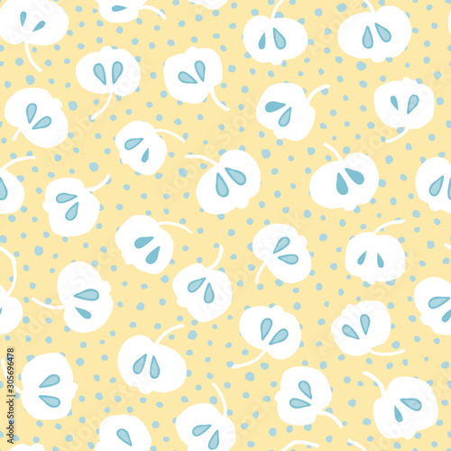 Retro floral apple pattern. Seamless vector background. White cutout apple shape on dotted background. Ornament for fabric, wallpaper, packaging, Decorative print. Vintage kitchen background.