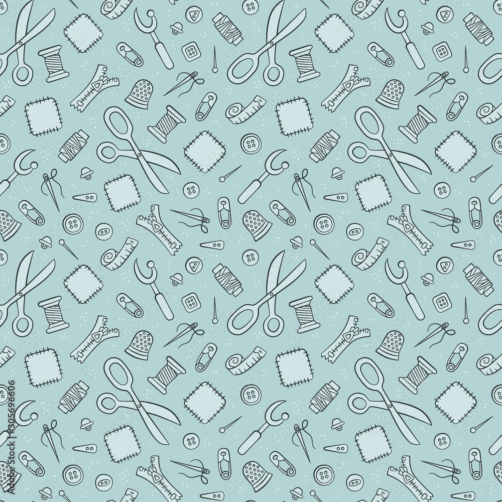 Tools and accessories for Sewing and needlework. Seamless pattern in doodle and cartoon style. Vector illustration