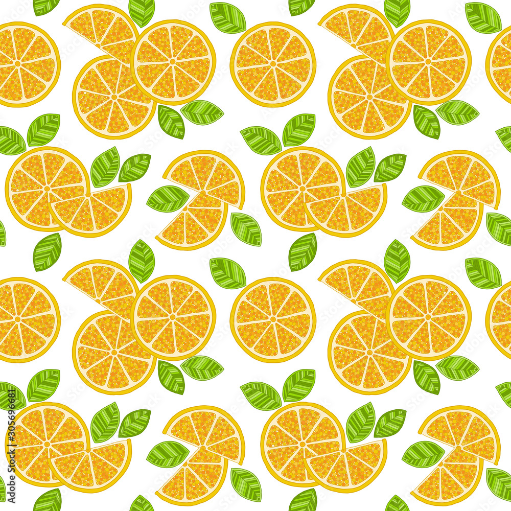 Oranges slices seamless pattern. Hand drawn fresh tropical citrus fruit.