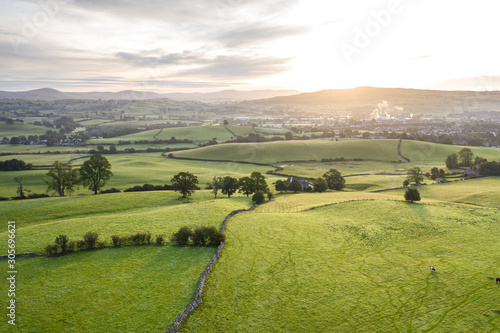 Aerial View over Scenic Countryside Fields in UK photo