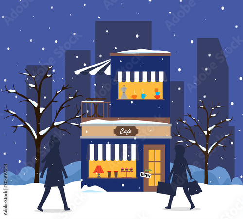 Vector background with building a cafe or restaurant in a winter park in winter or on Christmas Eve. People on the street. Building's facade. Cozy house in a snowy night city.