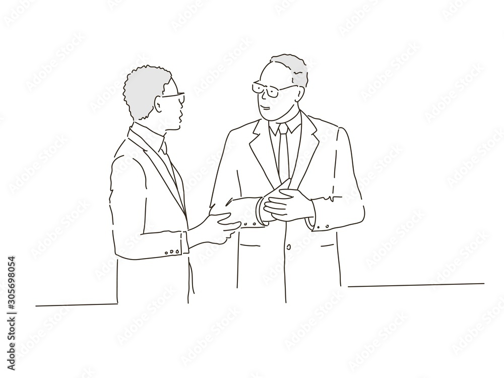 Sketch of businessmen. Discussion in the meeting. Hand drawn vector illustration.