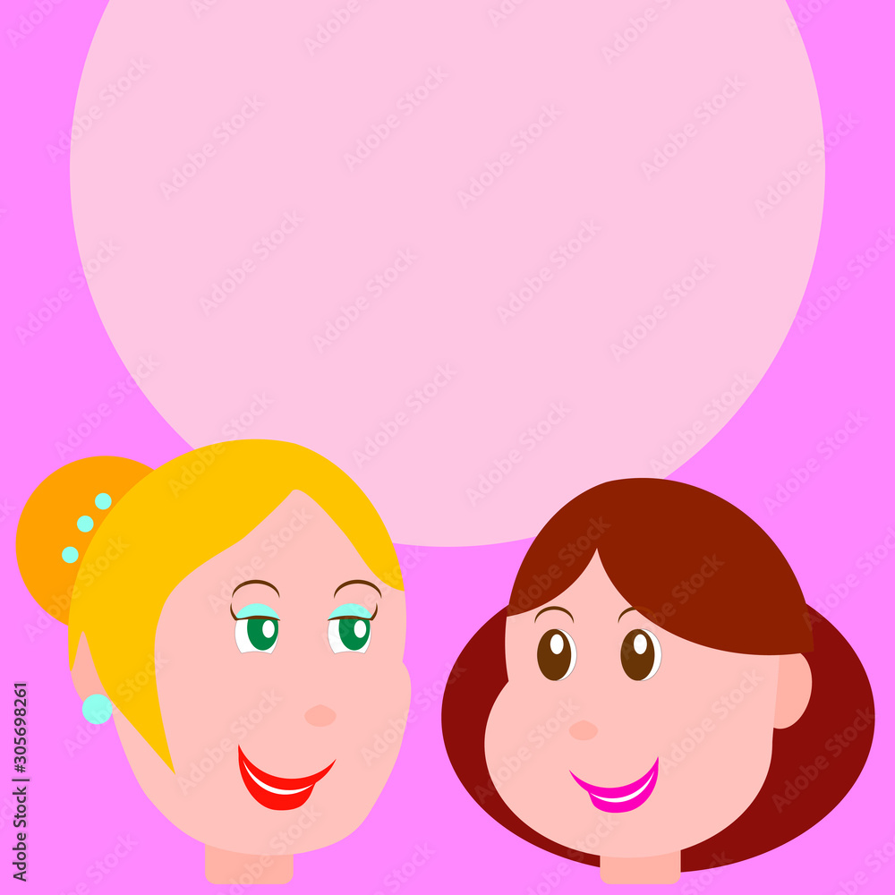 Vector illustration with pink background and faces of two smiling girls with different appearance chatting. Blonde girl and brunette girl. Friends talking. Vector illustration with pink background and faces of two smiling girls with different appearance chatting. Blonde girl and brunette girl. Friends talking.