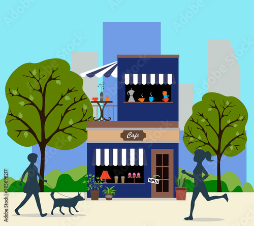 Vector background with building a cafe or restaurant in a summer park among green trees. People on the street. Building's facade. Cozy house in a green daytime city.