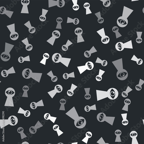 Grey Keyhole with eye icon isolated seamless pattern on black background. The eye looks into the keyhole. Keyhole eye hole. Vector Illustration