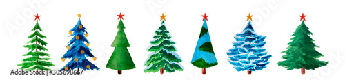 Watercolor fir trees with christmas stars isolated on white.