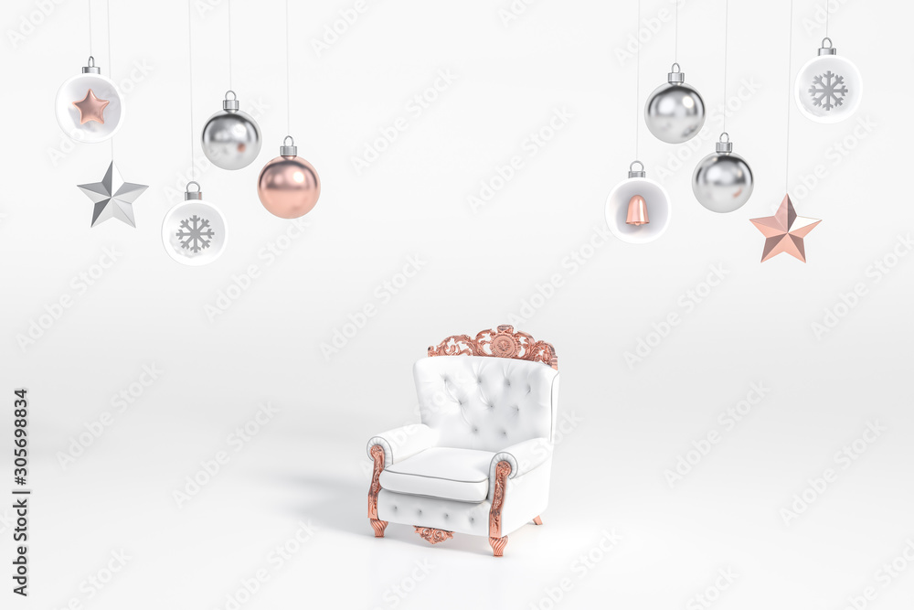 Outstanding white and rose gold luxury chair in the middle of metallic christmas ball Ornaments and decoration object group on white background 3d rendering. 3d illustration christmas concept. Outstanding white and rose gold luxury chair in the middle of metallic christmas ball Ornaments and decoration object group on white background 3d rendering. 3d illustration christmas concept.