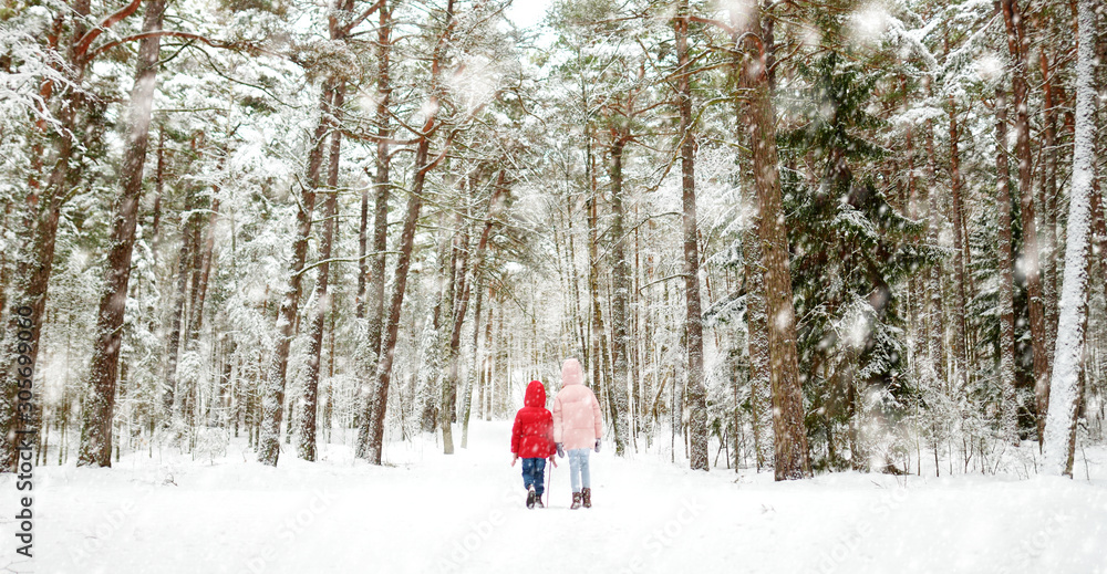 Two adorable little girls having fun together in beautiful winter forest. Beautiful sisters playing in a snow.