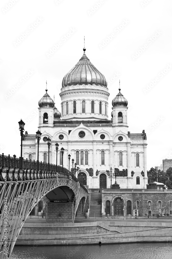 Cathedral of Christ the Savior, Moscow river and Patriarchal bridge/ Russia. Black and white photography