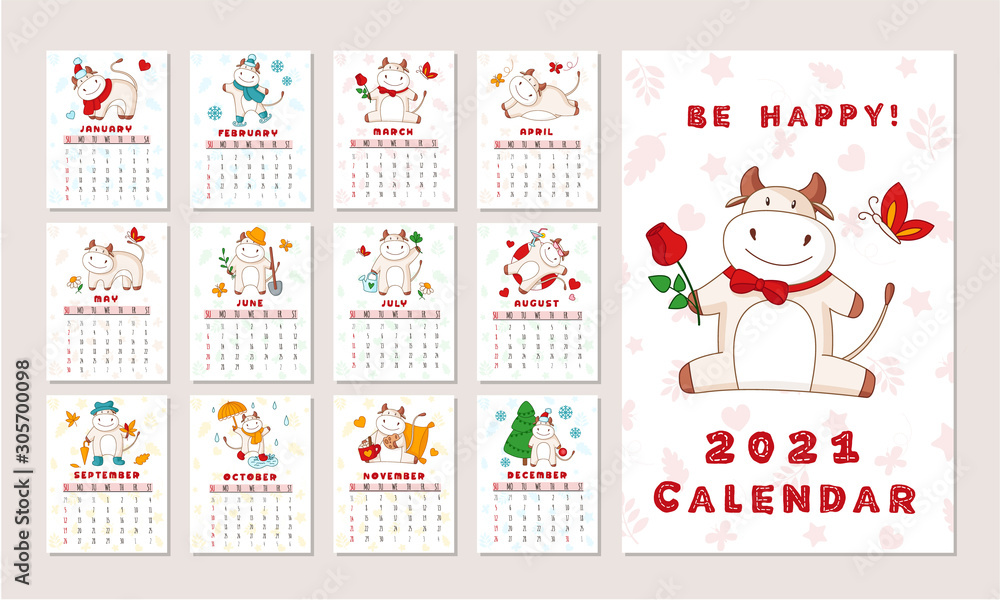 Obraz premium White ox calendar or planner A4 format for 2021 with kawaii cartoon ox, bull or cow, symbol of new year, cute characters - Cover and 12 monthly pages. Week starts on Monday, vector editable template