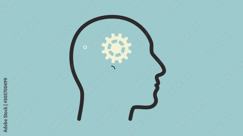 Brainstorm animation. Creative ideas concept on brain. Gears rotate inside the human brain. Cartoons video.
