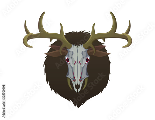 Wendigo monster head. Animal skull with deer horns fur and ears. Creature from native american folklore beliefs. Windigo mythical evil spirit for halloween or folklore school lesson. vector image