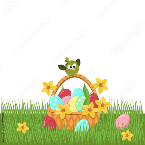 Fototapeta Naklejka Na Ścianę i Meble -  An Easter wicker basket, with painted eggs and daffodil flowers, stands on the green grass. A bird is sitting on a basket, eggs are lying next to it. Vector graphics