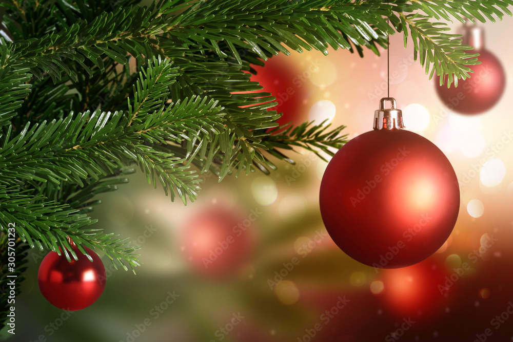 Fototapeta premium Christmas Tree Decoration Christmas tree lit background Bauble